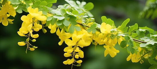 Wall Mural - The blossoming acacia branch Yellow flowers of an acacia on a green vegetable background it is horizontal Caragana Fabaceae Family Caragana arborescens. Creative banner. Copyspace image