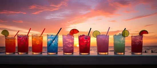 Aufkleber - Colorful Raws of beverages with a sunset background. Creative banner. Copyspace image