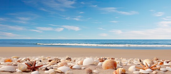 Leinwandbilder - shells on the beach in sand. Creative banner. Copyspace image