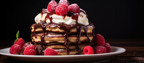 Aufkleber - Cake of pancakes pancake chocolate cake with whipped cream and raspberries. Creative banner. Copyspace image