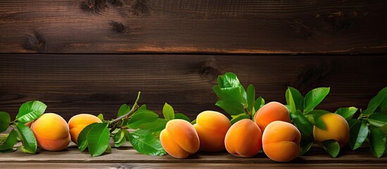Aufkleber - Fresh ripe fruit apricots with green leaves on a wooden table. Creative banner. Copyspace image