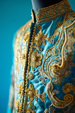 Close-up photo of detailed blue and gold ornate garment with intricate embroidery, perfect for traditional or cultural fashion themes.