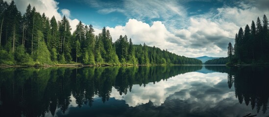 Aufkleber - clouds and forest are reflected in the water mirror. Creative banner. Copyspace image