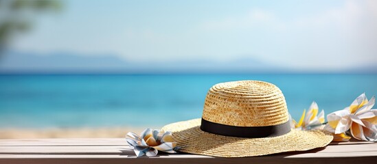 Fototapete - Beach Accessories On Table On Beach Summer Holidays. Creative banner. Copyspace image