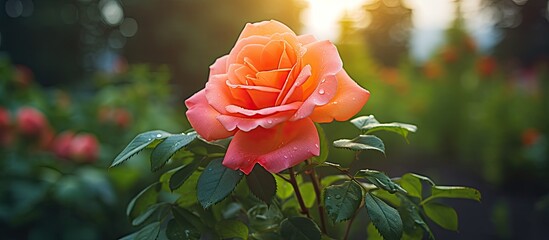 Poster - Pink orange color rose in the garden Green leaves with blossom Close up of the blooming flower. Creative banner. Copyspace image
