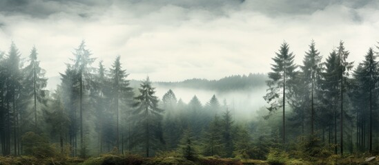 Wall Mural - Foggy forest panoramic view nobody. Creative banner. Copyspace image