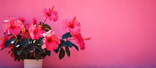 Aufkleber - Hibiscus bush against a pink wall. Creative banner. Copyspace image