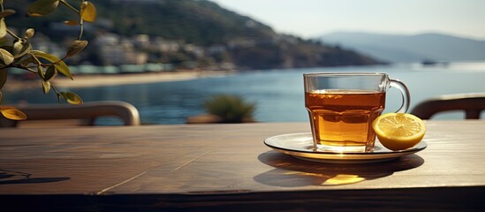 Poster - Cup of tea with lemon is on glass table Beach cafe outdoors in sea resort with view of mountains Concept of holiday relaxation traveling. Creative banner. Copyspace image