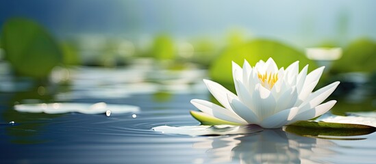 Poster - white lily floating in a lake. Creative banner. Copyspace image