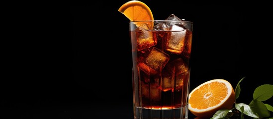 Poster - Dark cocktail with cola and oranges on black background. Creative banner. Copyspace image