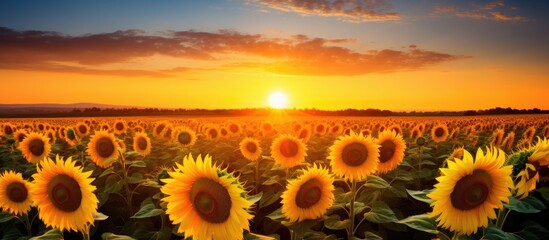 Wall Mural - picture of sunflower field in the evening. Creative banner. Copyspace image