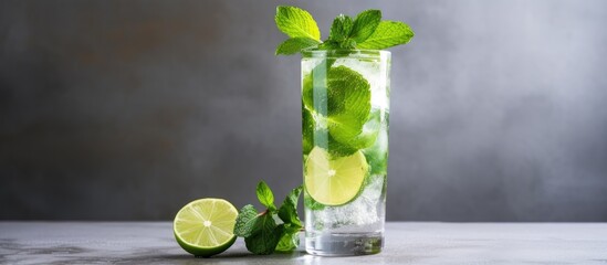 Poster - Mojito cocktail with lime and mint in highball glass on a grey stone background Copy space