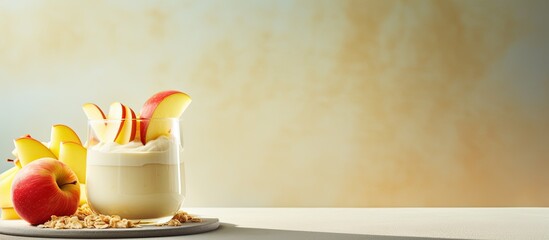 Aufkleber - Yogurt with apples on a light background. Creative banner. Copyspace image