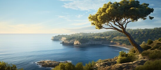Aufkleber - Dawn over the sea bay trees on a cliff in the distance. Creative banner. Copyspace image