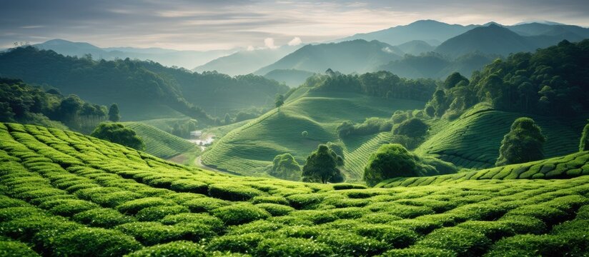 Beautiful scenery of the tea plantation area with green leaf covered the hillside and road crossing. Creative banner. Copyspace image