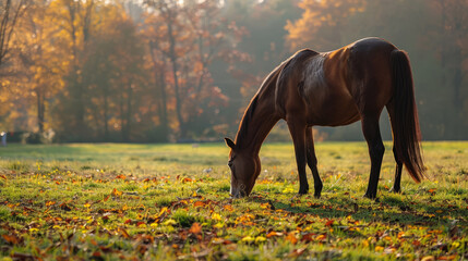 Wall Mural - Horse grazing on a beautiful autumn farm landscape