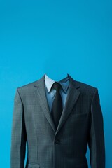 Conceptual image of a suit with no head against a blue background, symbolizing anonymity and identity. Ideal for business and abstract themes.