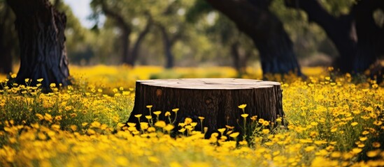 Poster - A tree stump carved as a round bench surrounded by yellow wildflowers. Creative banner. Copyspace image