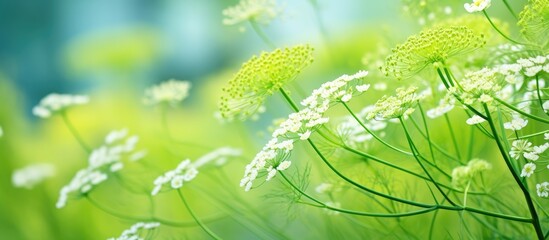 Aufkleber - Close up view of the blooming dill arrow with the green blurred background Top view side view Shallow depth of field. Creative banner. Copyspace image
