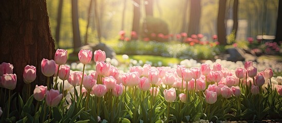 Aufkleber - Beuatiful sweet pink tulips flower growing and blossom in spring season field with green leaves and branch a moment romantic in garden holiday and nature concept. Creative banner. Copyspace image
