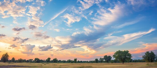 Wall Mural - Sunset with Altocumulus Clouds Over Blue Sky at a Park. Creative banner. Copyspace image