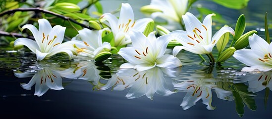 Poster - White lilies in pond. Creative banner. Copyspace image