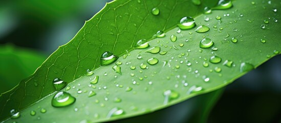 Poster - fresh green leaf edge view with little drops. Creative banner. Copyspace image