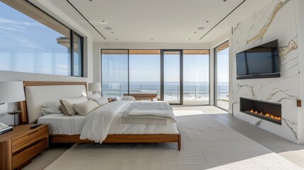 Wall Mural - Master bedroom in modern home with fireplace, large ocean-view windows, white marble and wood accents, beige carpet, showcasing high-end interior design photography.