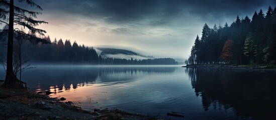 Aufkleber - Misty lake in the evening. Creative banner. Copyspace image