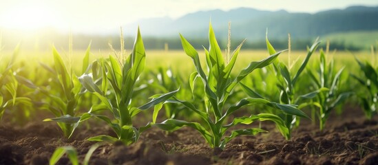 Poster - Corn plants in field Agricultural land Selective focus. Creative banner. Copyspace image