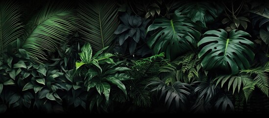 Leinwandbilder - Group background of dark green tropical leaves monstera palm coconut leaf fern palm leaf bananaleaf Panorama background concept of nature. Creative banner. Copyspace image