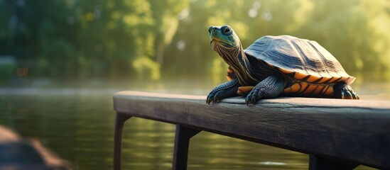 Poster - Cute river turtle resting on the bench portrait. Creative banner. Copyspace image