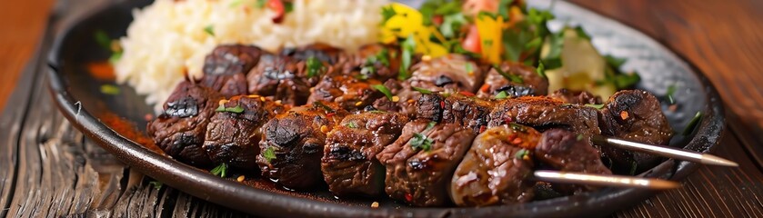 A beautifully arranged plate of Egyptian kebab halla with tender beef, caramelized onions, and a side of rice, served on a rustic wooden table, bright daylight