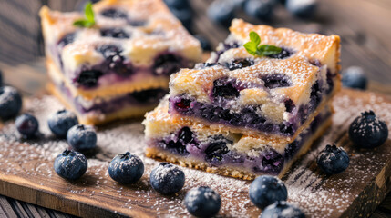Delicious blueberry buttermilk bars sprinkled with powdered sugar