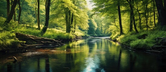 Poster - Summer natural landscape with a small forest river and overgrown banks. Creative banner. Copyspace image