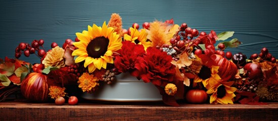 Poster - Autumn bouquet of sunflowers and red roses. Creative banner. Copyspace image