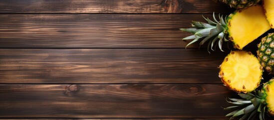Aufkleber - Pineapple slices on a wooden background. Creative banner. Copyspace image