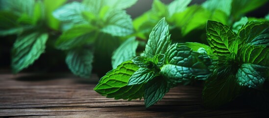 Aufkleber - mint on a dark wood background toning selective focus to the middle leaves of mint. Creative banner. Copyspace image