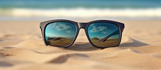 Poster - photographing glasses on the beach. Creative banner. Copyspace image