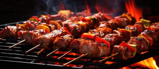 Poster - Cooking meat skewers on skewers on the grill. Creative banner. Copyspace image