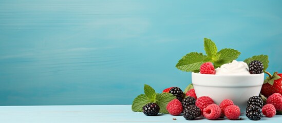 Wall Mural - yogurt fresh ripe blueberries currants victoria berries with mint leaves on a blue wooden table Useful vitamins and minerals for health. Creative banner. Copyspace image