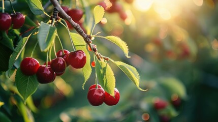Poster - Ripe cherry branch in a summer garden