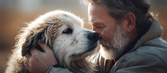 Poster - Cute Dog front view owner petting dog Close up Of A Dog Background. Creative banner. Copyspace image