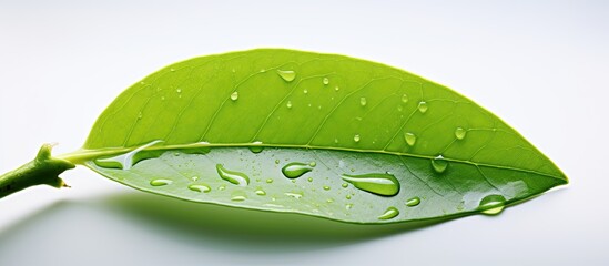 Poster - green leaf of lemon with water drops isolated on white background. Creative banner. Copyspace image