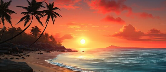 Poster - Beautiful red sunrise over the tropical sea Nature landscape. Creative banner. Copyspace image