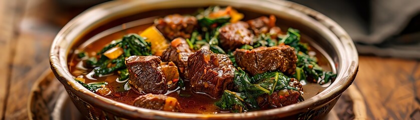 A closeup shot of Lesotho papa with beef stew and spinach, served in a traditional bowl, natural daylight