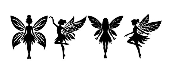 Wall Mural - Beautiful dancing fairy side view silhouette black filled vector Illustration icon