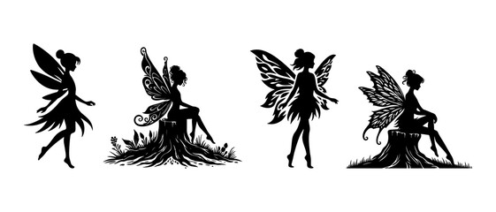 Wall Mural - Beautiful fairy side view silhouette black filled vector Illustration icon