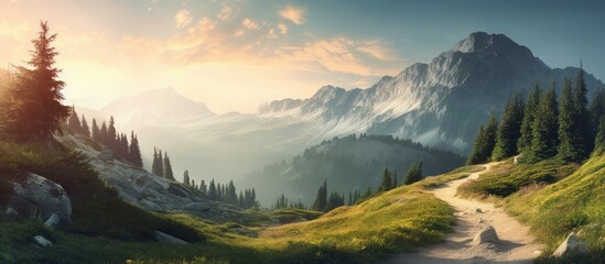 Wall Mural - a path on the mountain with strong sun light. Creative banner. Copyspace image