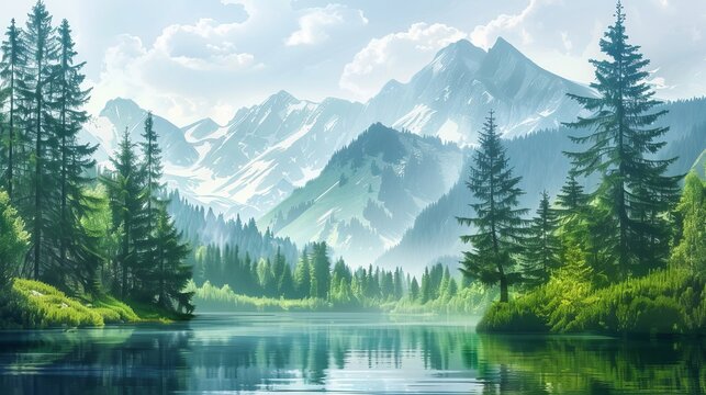 A beautiful landscape view of a green summer forest, featuring spruce and pine trees, a mountain, lake, and river.